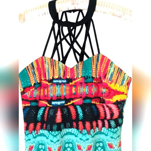 Bold Colored Tribal-Print Criss-Cross Halter Dress Size M (NWOT) - Picture 3 of 7